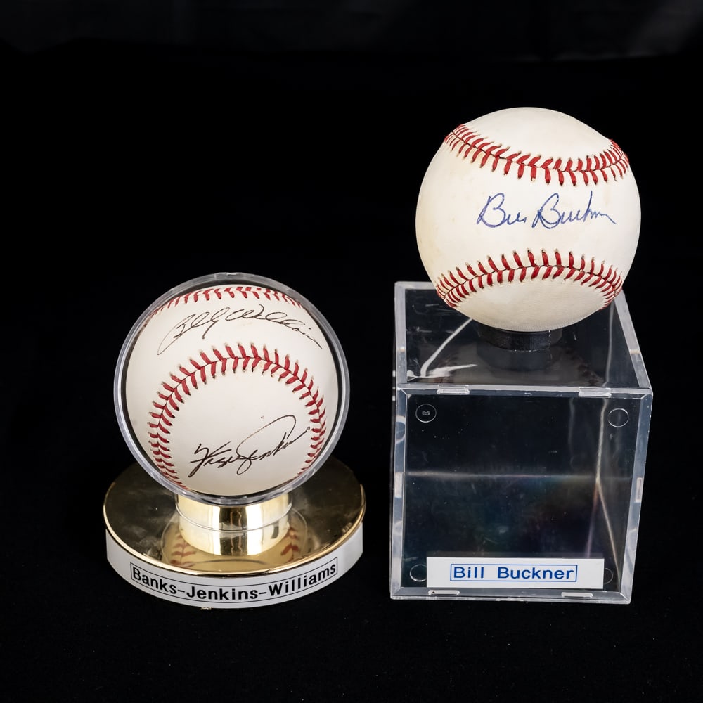 Banks Jenkins Williams & Buckner Signed Baseballs: Featuring a Rawlings Official National League Baseball autographed by Banks, Jenkins & Williams Cubs Trio Along with an Additional Rawlings Official National League Baseball Autographed by fan favorit