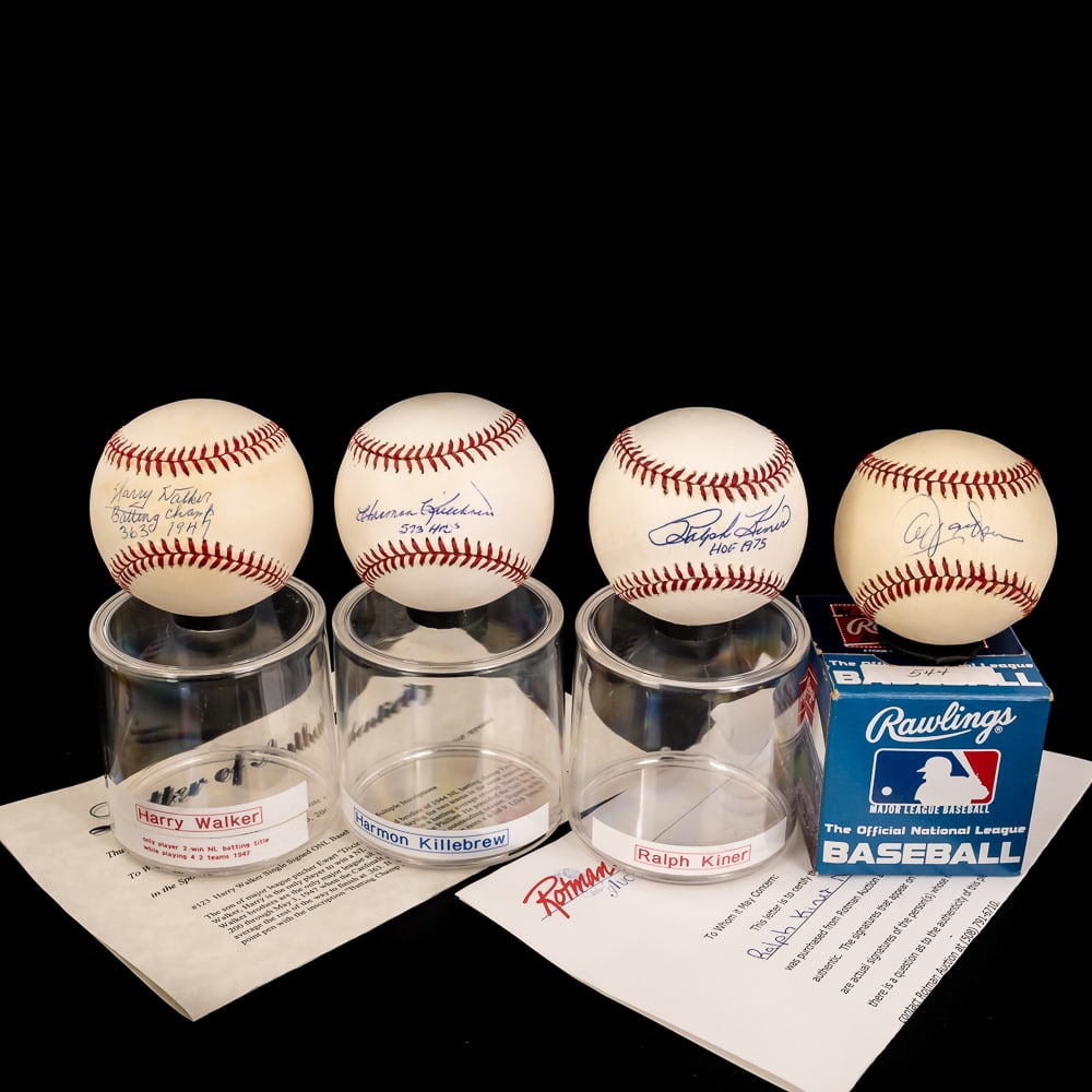 Killebrew H Walker & R Kiner Autographed Baseballs: Major League Baseball Hall of Fame & 500 Home Run Club member Harmon Killebrew autographed Rawlings Official American League Baseball, Harry Walker autographed Rawlings Official National League Baseba