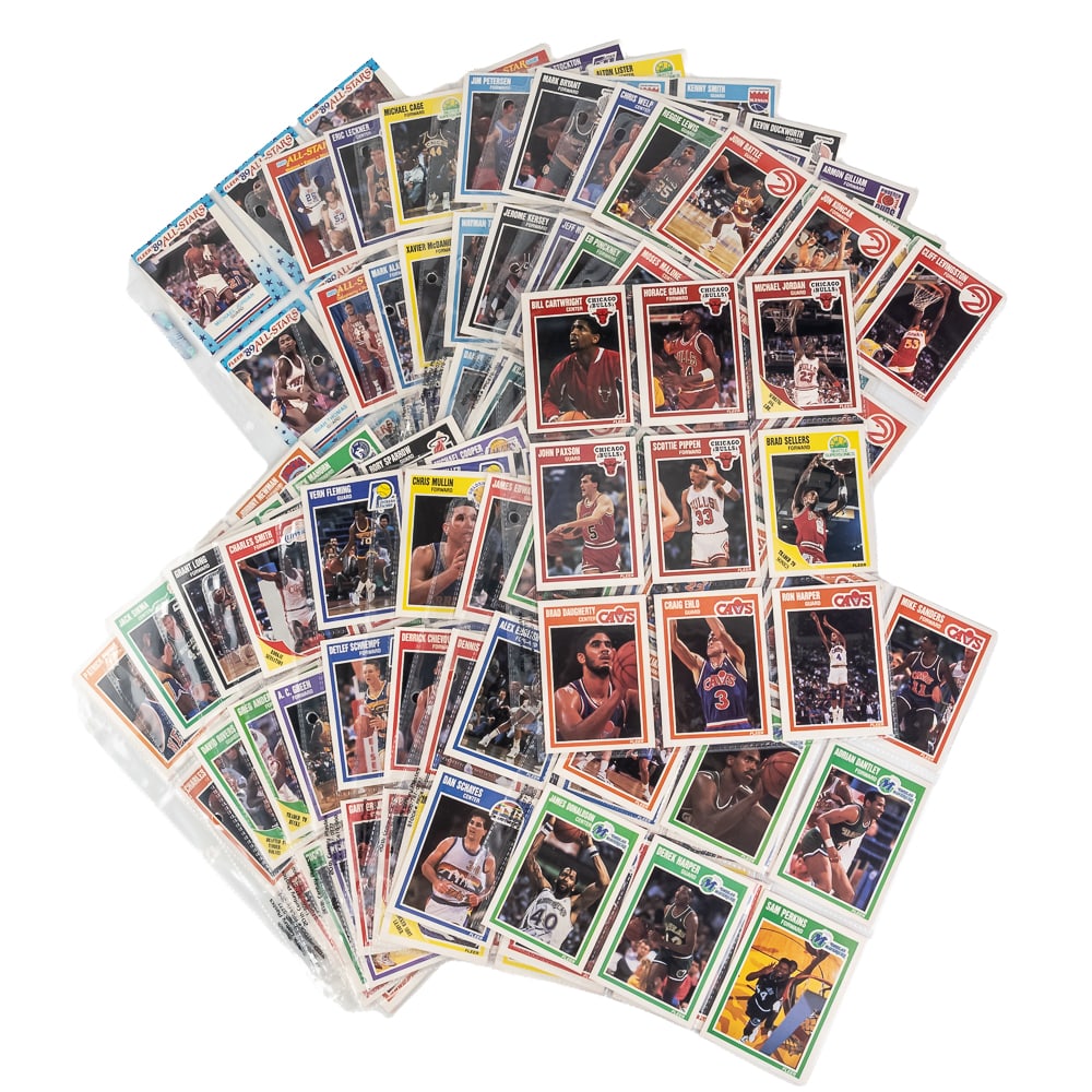 1989-90 Fleer NBA Basketball Set w Stickers Jordan: 1989 Fleer NBA Basketball near complete binder set with all (11)stickers; missing #168 checklist. Sharp corners and edges (MT-EX). Must have investment set!! Perfect addition to your collection,