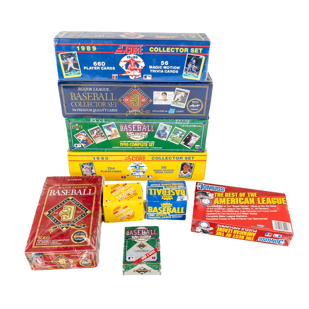 '89 '90 Score '90 Upper Deck '92 Donruss MLB Cards: Collection featuring SEALED 1989 Score, 1990 Upper Deck, 1990 Score & 1992 Donruss MLB Baseball complete factory sets; 1990 Score Rookie & Traded, 1990 Fleer MLB Update, 1990 Donruss Best of AL Glossy