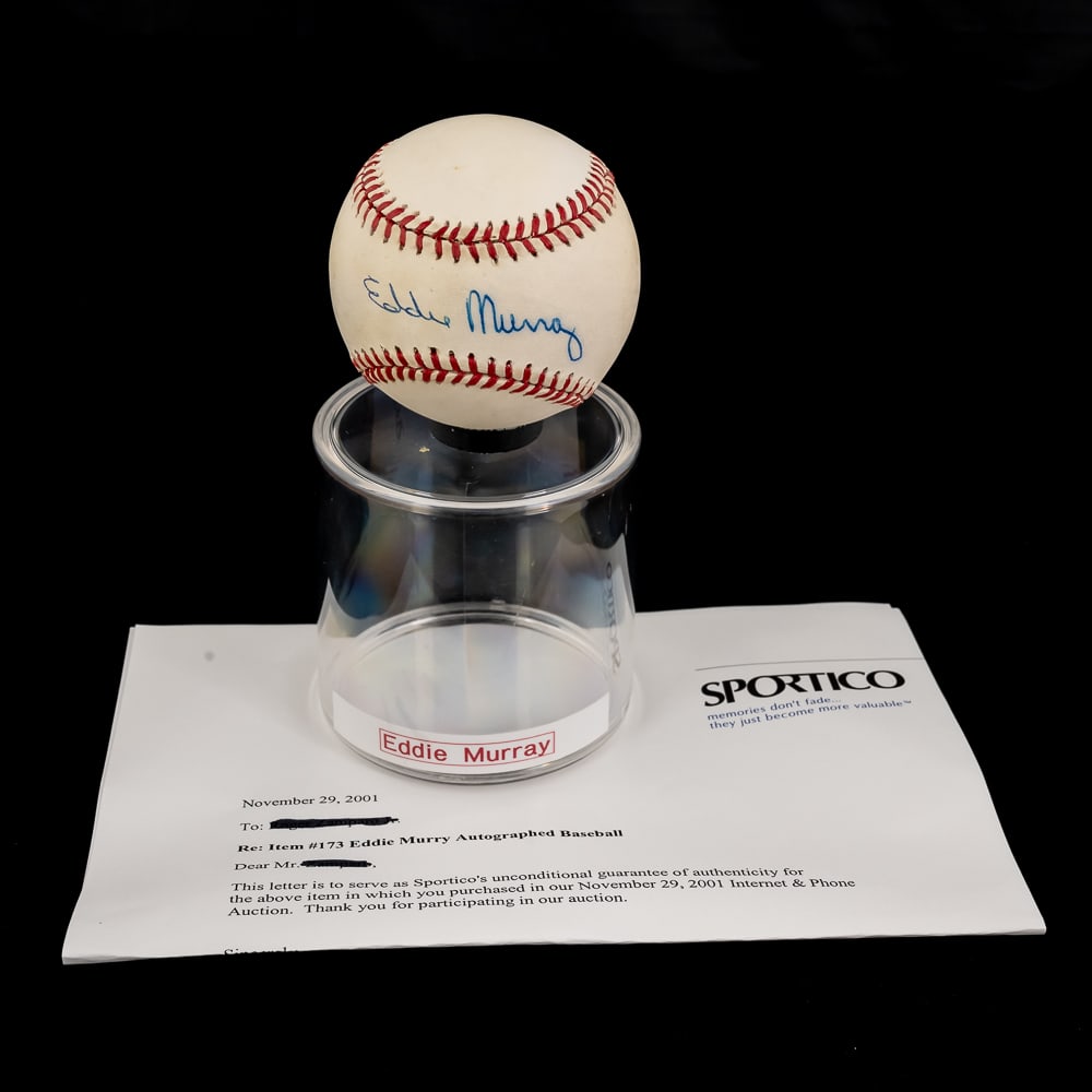 Eddie Murray Autographed AL MLB Baseball w LOA: Baltimore Orioles HOF inductee Eddie Murray autographed Rawlings Official American League MLB Baseball with LOA. Bold Blue Ball Point ink signature smack dab in the sweet spot !!! Showcased inside han