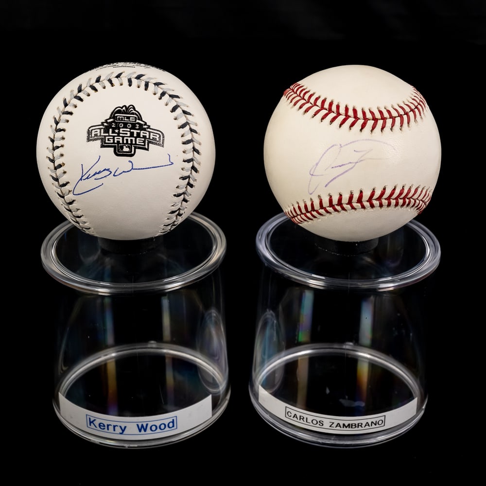 Kerry Wood '03 All Star Ball & Zambrano AUTO Balls: Kerry Wood ( 2003 All Star Game & Schwartz Holo COA) & Carlos Zambrano autographed Rawlings Official MLB Baseballs. The 2000s Chicago Cub pitching pair are known as being some of the most feared