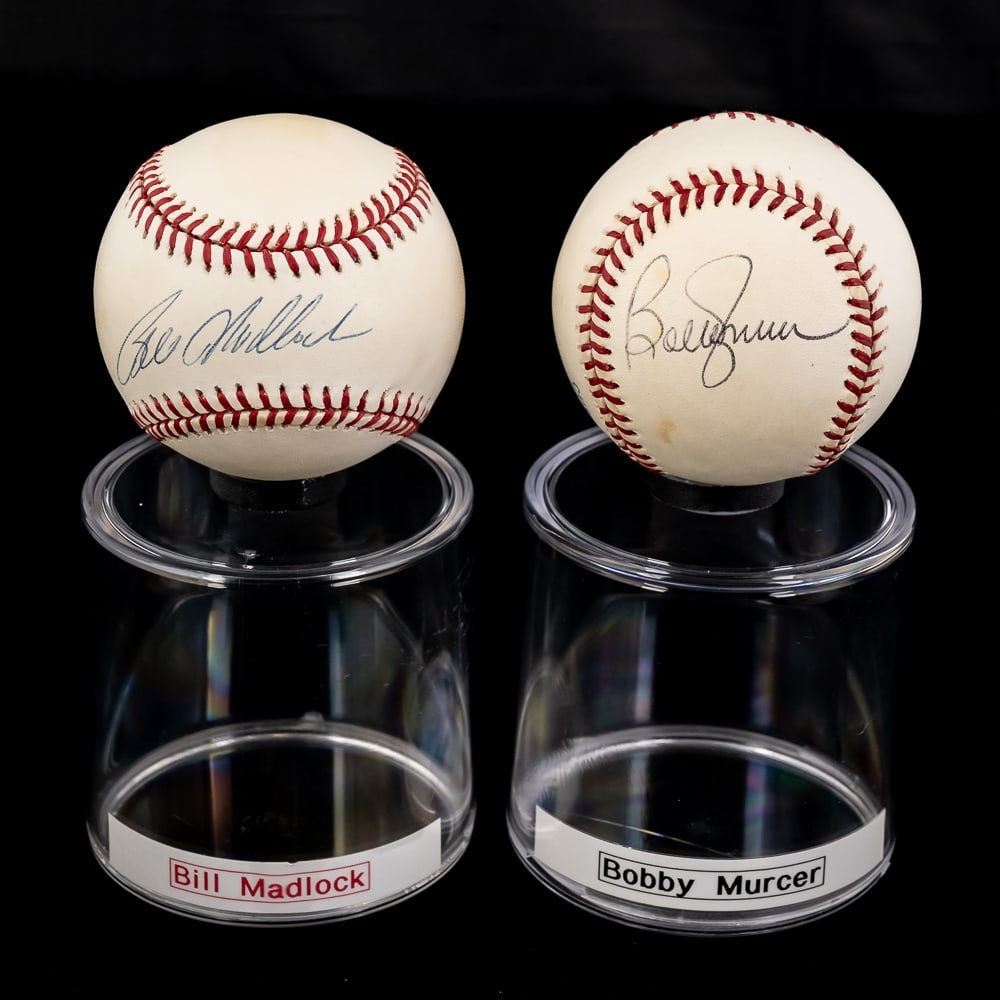 Bobby Murcer & Bill Madlock Autographed Baseballs: Bobby Murcer & Bill Madlock autographed Rawlings Official National & American League MLB Baseballs. Bold ink signatures smack dab in the sweet spots !!! Showcased inside handsome acrylic display