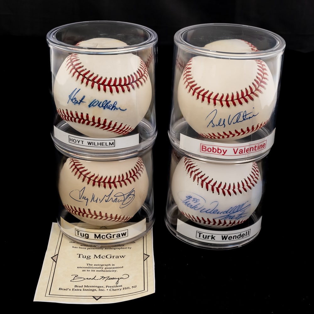 Wilhelm, McGraw, Valentine & Wendell Auto Baseball: Hoyt Wilhelm, Tug McGraw (COA), Bobby Valentine (Steiner Holo) & Turk Wendell autographed Rawlings Official MLB Baseballs. Bold ink signatures smack dab in the sweet spots !!! Showcased inside