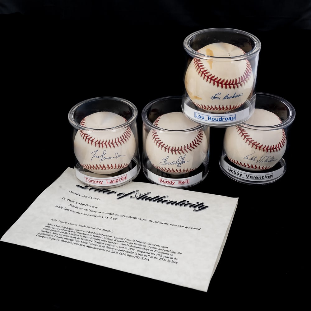 T Lasorda L Boudreau B Bell B Valentine AUTO Balls: Major League Baseball manager fan favorites Tommy Lasorda autographed Rawlings Official National League Baseball with PSA LOA; Signature grade of 9, Lou Boudreau autographed Rawlings Official American