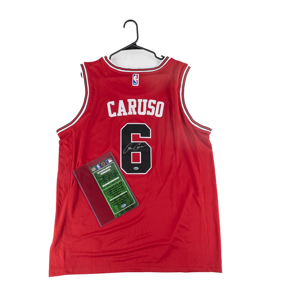 Alex Caruso Autographed Bulls Nike Jersey w COA: Alex Caruso autographed NWT Chicago Bulls Nike Swingman Jersey featuring Authentic Sports Memorabilia Authentication COA featuring Motorola patch. Bold silver felt tipped signature. Ready to be framed