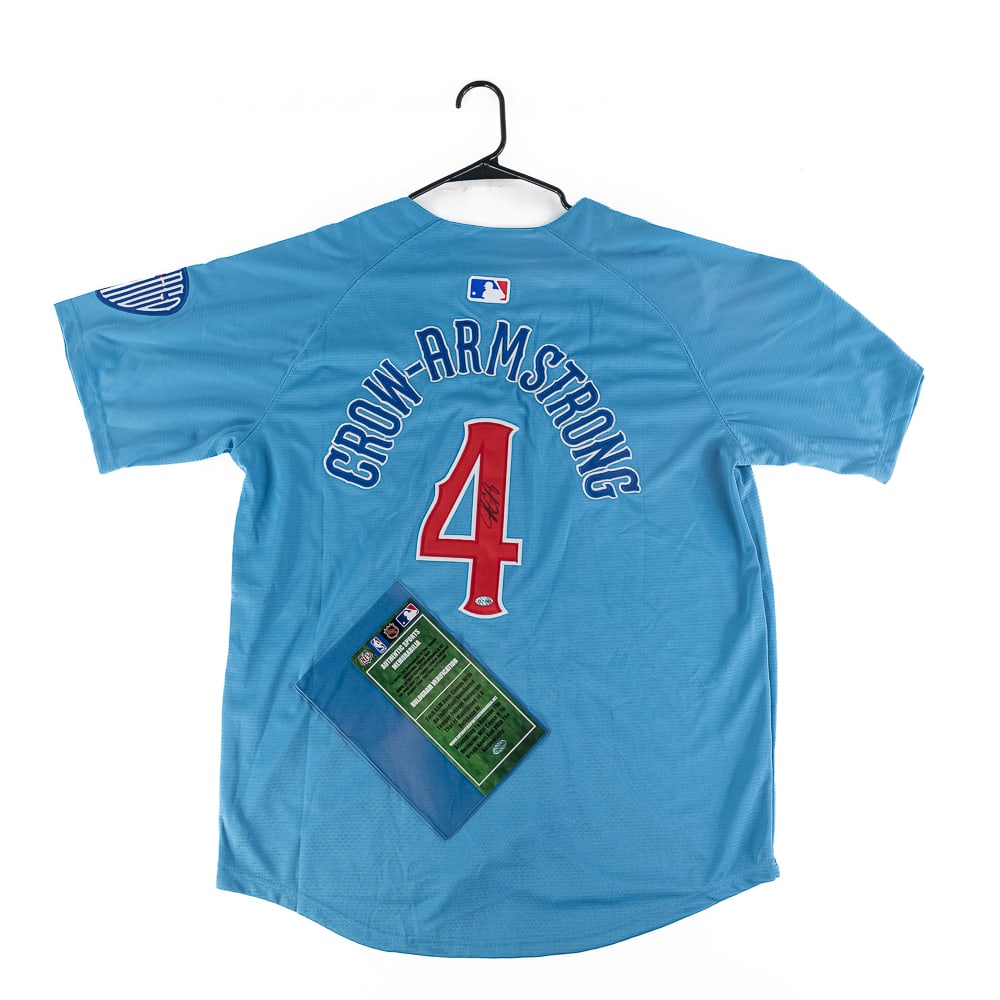 Pete Crow Armstrong Autographed Cubs Jersey w COA: Pete Crow Armstrong (PCA) autographed Chicago Cubs throwback Majestic jersey featuring Authentic Sports Memorabilia Authentication COA. Bold centralized black felt tipped signature. Ready to be framed