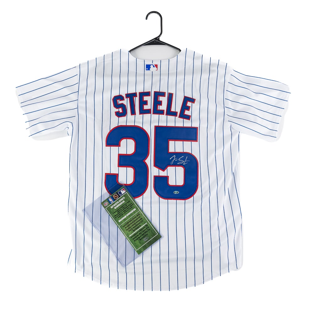 Justin Steele Autographed Cubs NIKE Jersey w COA: Justin Steele autographed Chicago Cubs Nike white pinstripe jersey featuring Authentic Sports Memorabilia Authentication COA. Bold centralized silver felt tipped signature. Ready to be framed up!! Per