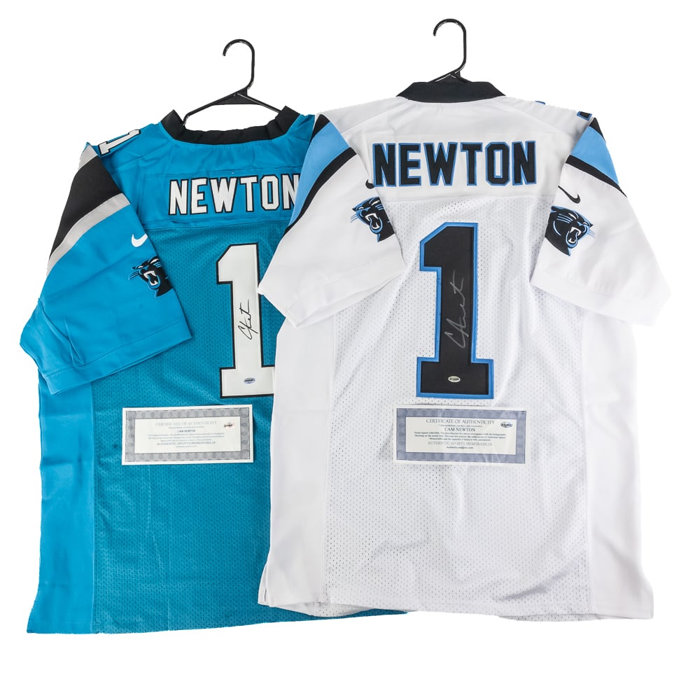 Cam Newton Autographed Panthers Jersey w COA: Pair of Cam Newton autographed Carolina Panthers white & teal NIKE jersey featuring Authentic Sports Memorabilia Authentication COA. Centralized felt tipped signature. Ready to be framed up!! Perfect 