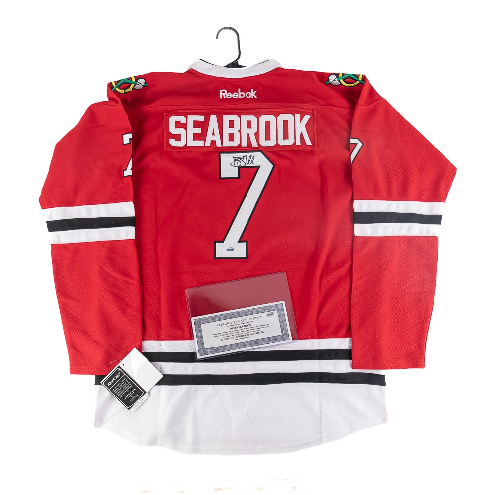 Brent Seabrook Autographed Blackhawks Jersey COA: Brent Seabrook autographed Chicago Blackhawks NWT Reebok 2015 Stanley Cup Jersey featuring Authentic Sports Memorabilia COA. Centralized black felt tipped signature. Ready to be framed up!! Perfect