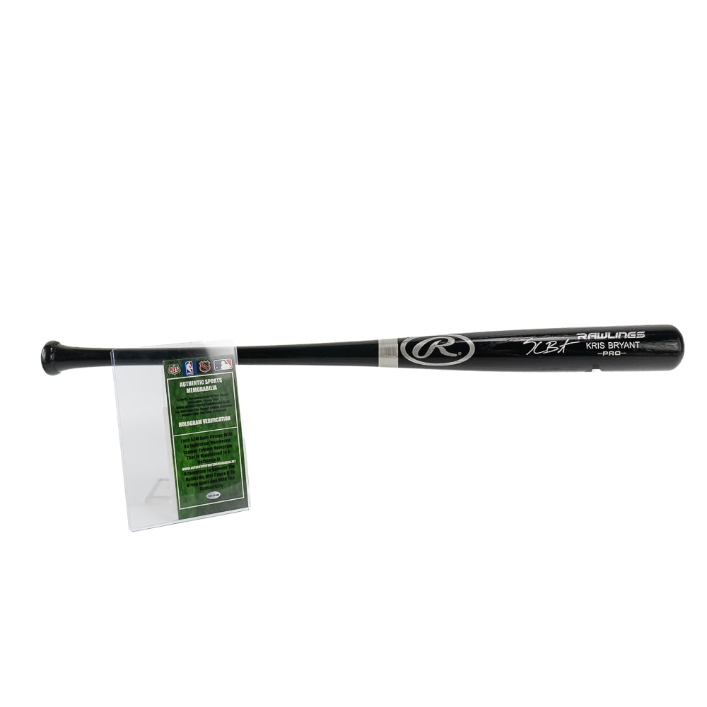 Kris Bryant Autographed Rawlings Baseball Bat wCOA: Kris Bryant autographed Rawlings PRO Model black baseball bat featuring Authentic Sports Memorabilia COA with signing photo. Bold centralized silver felt tipped signature perfectly accents the bats ba
