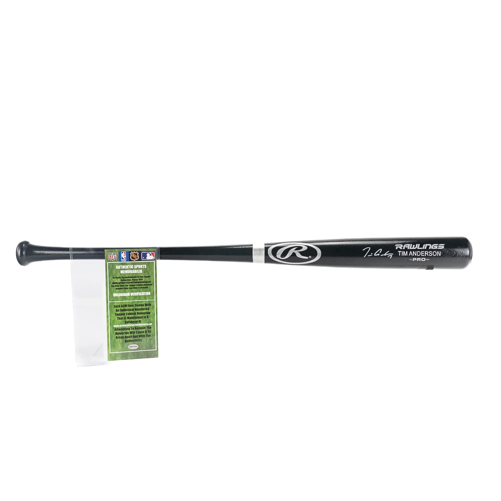 Tim Anderson Autographed Rawlings Baseball Bat COA: Tim Anderson autographed Rawlings PRO Model black baseball bat featuring Authentic Sports Memorabilia COA . Bold centralized silver felt tipped signature perfectly accents the bats barrel. Perfect add