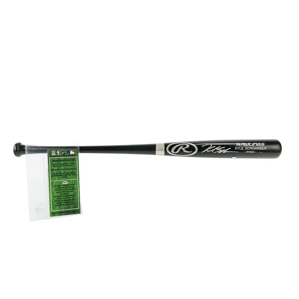 Kyle Schwarber Autographed Rawlings Bat w COA: Kyle Schwarber autographed Rawlings PRO Model black baseball bat featuring Authentic Sports Memorabilia COA with signing photo. Bold centralized silver felt tipped signature perfectly accents the bats