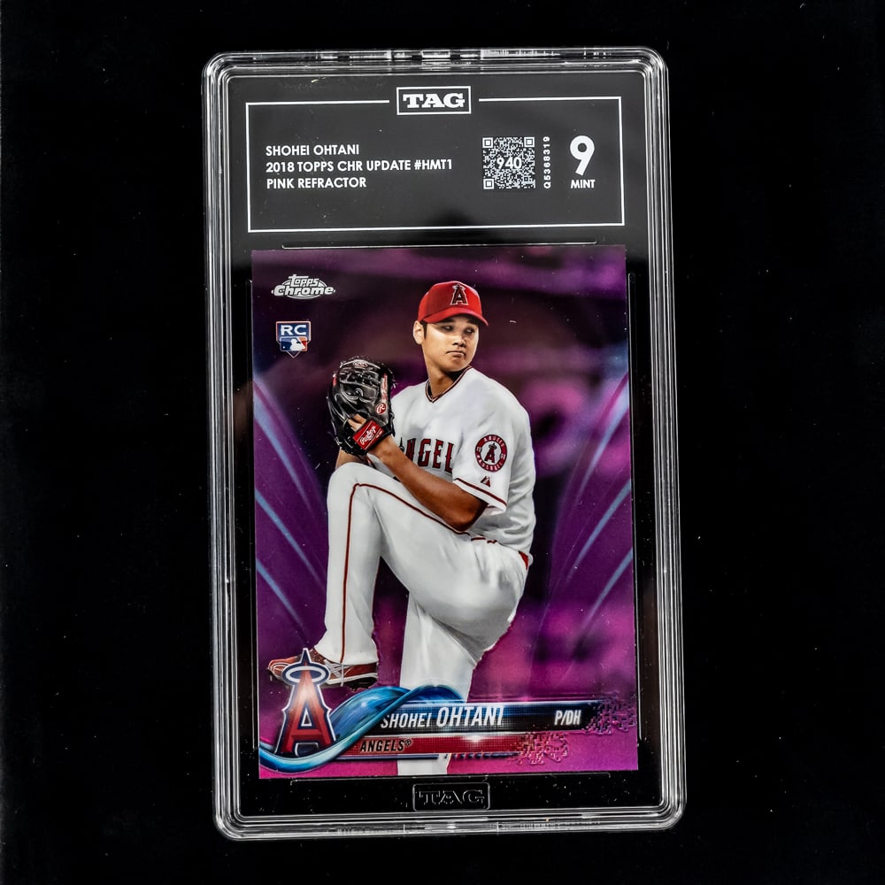 '18 Shohei Ohtani Topps Chrome PINK Refractr HMT1: 2018 Shohei Ohtani Topps Chrome Update PINK REFRACTOR #HMT1 Rookie Card; TAG slabbed and graded 9 Mint; 940 sub-score. BEATIFUL Card!!! Must Have for ANY True Collector !!! Please use photos to judge 