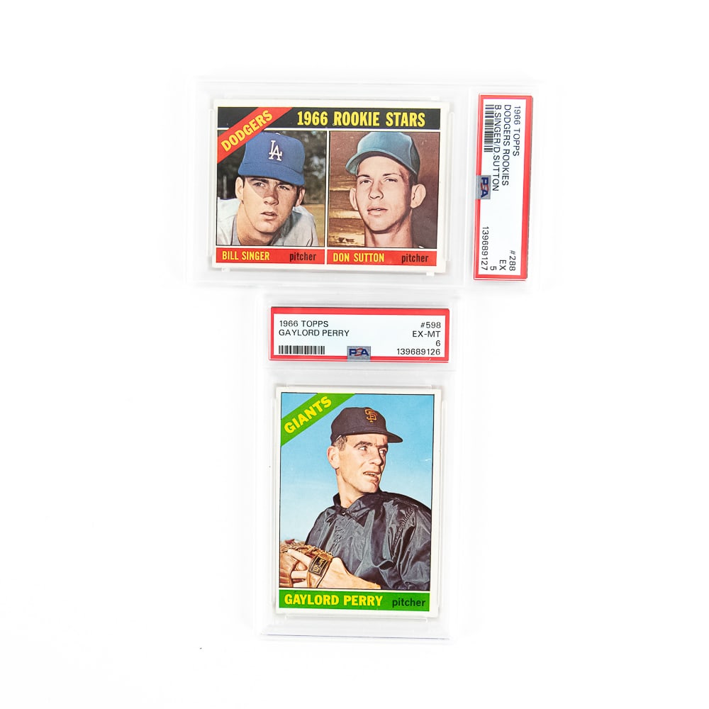 1966 Topps #288 Don Sutton RC PSA 5 & #598 Perry: 66 Topps #288 Don Sutton Rookie slabbed and graded PSA 5 AND 1966 Topps #598 Gaylord Perry slabbed and graded PSA 6. Perfect addition to your collection, Fantastic Gift Idea. Please use photos to judg
