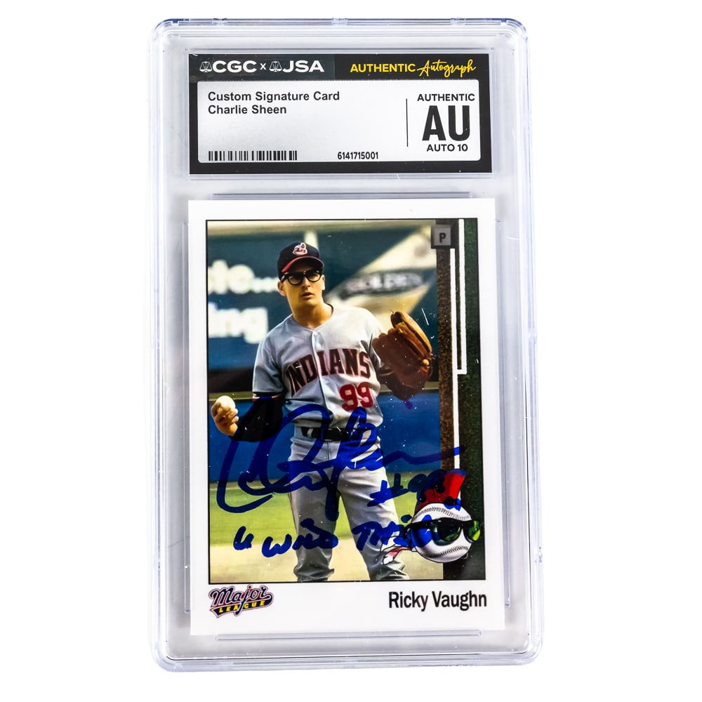 Charlie Sheen AUTOGRAPHED Major League Card CSG 10: Charlie Sheen AUTOPGRAPHED featuring "WILD THING" inscription MAJOR LEAGUE Custom Autograph Card. CSG & JSA slabbed Authentic with an Autograph grade of 10. Perfect addition to your collection, Fantas
