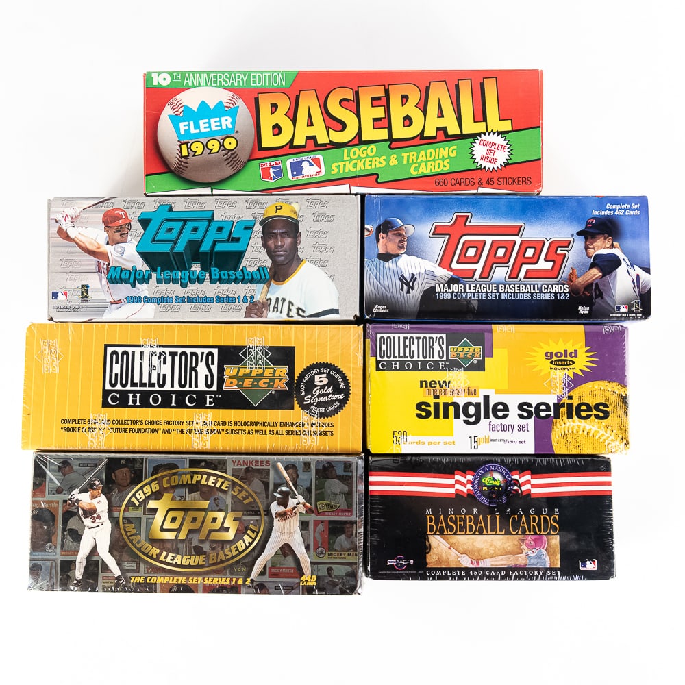1990-1999 MLB Baseball Card Set Assortment: 1990s MLB Baseball Card set assortment featuring 1990 Fleer, 1992 Classic Minor League (Sealed), 1994 & 1995 Upper Deck Collectors Choice (Sealed), 1996 Topps 1&2 (Sealed) 1998 Topps & 1999 Topps (1&2