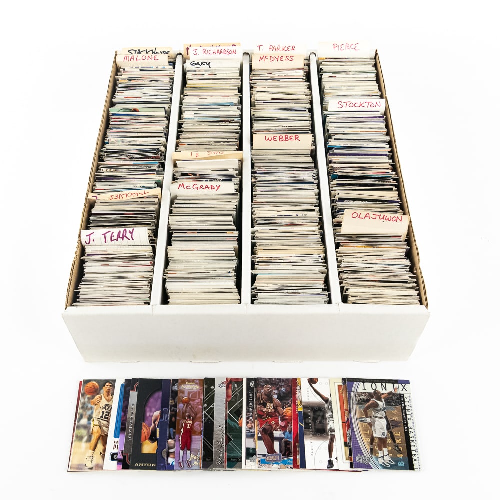 (3k-4K) NBA Stars Malone Parker McGrady Stockton +: NBA sports card assortment composing (3K-4K +/-) featured inside collectors 4 row storage box. NBA Stars and HOF players no commons; Tony Parker, John Stockton, Chris Weber, Karl Malone and more. Each