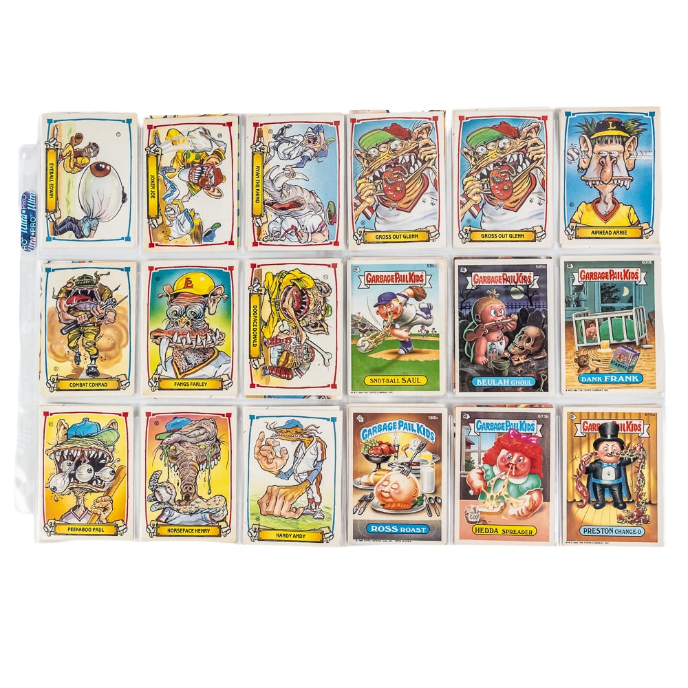 (234) Garbage Pail Kids Card Assortment: (234) Vintage Garbage Pail Kids with some Leafs Greatest Gross Outs card collection featured across (13) clean binder sheets full on both sides. Assorted conditions with some contemporary re pops. Per