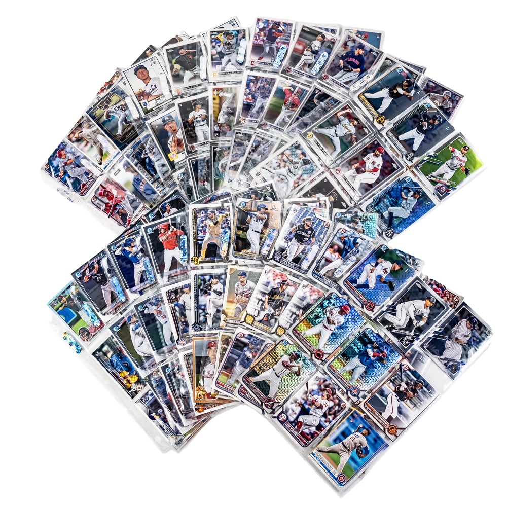 (342) Assorted MLB Rookie Sports Card Collection: MLB Baseball ROOKIE sports card assortment mainly composed of (342 +/-) in double sided binder sleeves Rookies; Some Refractor RCs etc. Cards shown are just randomly pulled to give an indication of th