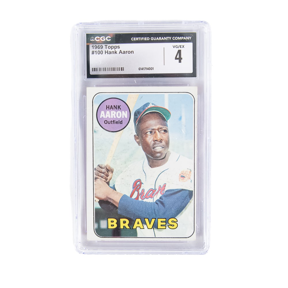 1969 Topps #100 Hank Aaron CSG 4: 1969 Topps #100 Hank Aaron CSG slabbed and graded 4; perfect addition to your collection. Please use photos to judge condition and bid accordingly.