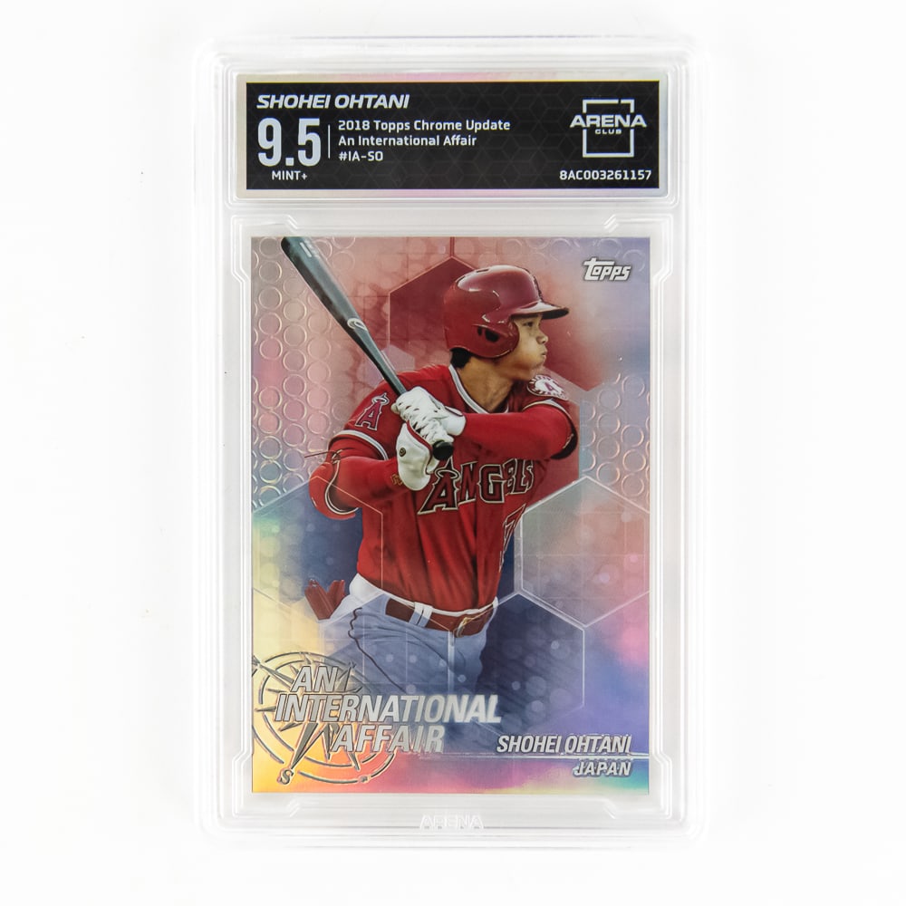 2018 Shohei Ohtani Topps Chrome Update #IA-SO 9.5: 2018 Shohei Ohtani Topps Chrome Update An International Affair #IA-SO Rookie Card, Arena Club slabbed and graded 9.5. Must Have Card !! Perfect addition to your collection, please use photos to judge
