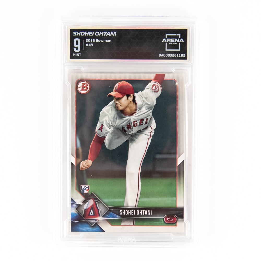 2018 Bowman #49 Shohei Ohtani ROOKIE CARD Arena 9: 2018 Bowman #49 Shohei Ohtani Rookie Card, Arena Club slabbed and graded 9. Must-Have Card!! Perfect addition to your collection, please use photos to judge condition and bid accordingly.