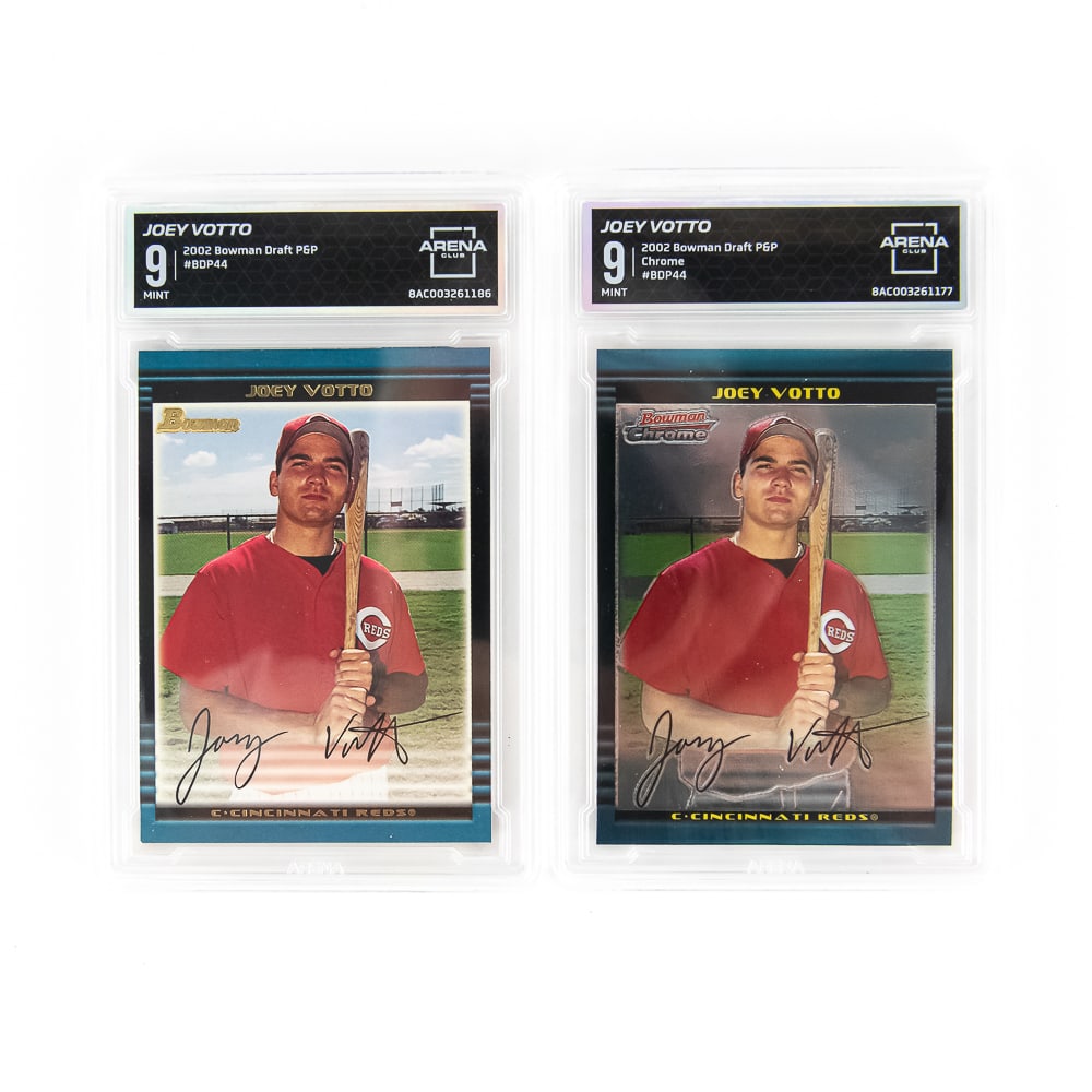 2002 Bowman Chrome & Bowman Joey Votto RC Arena 9: Collection features 2002 Joey Votto Bowman Chrome Draft Picks & Prospects #BDP-44 & 2002 Joey Votto Bowman Draft Picks & Prospects #BDP-44 ; BOTH Arena Club Slabbed and Graded 9. Perfect additions to