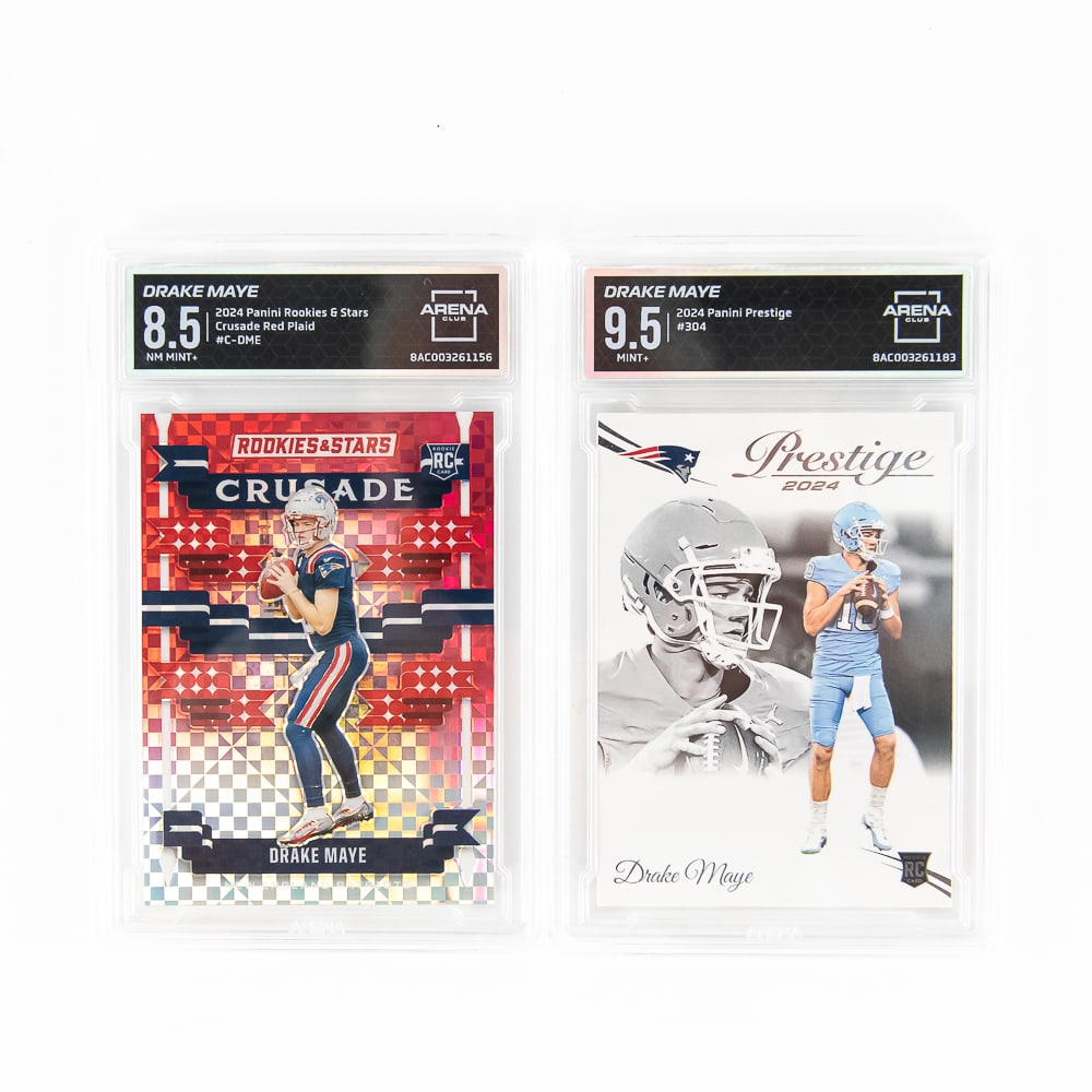 '24 Drake Maye Panini Crusade Red Plaid & Prestige: 2024 Panini Rookies & Stars Crusade Red Plaid #C-DME Arene slabbed and graded 8.5 ALONG WITH 2024 Drake Maye Panini Prestige #304, Arena Club slabbed and graded 9.5. Must Have Card !! Perfect