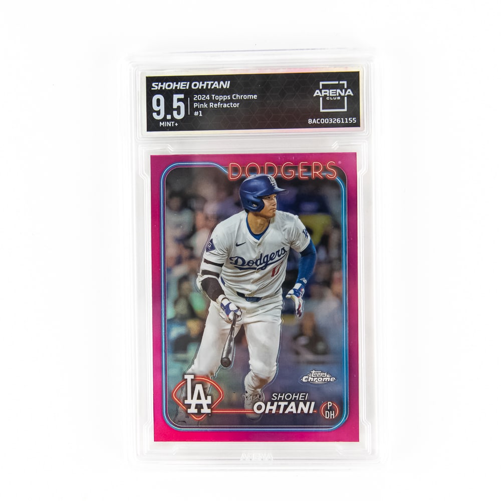 2024 Topps Chrome Shohei Ohtani PINK Refractor #1: 2024 Shohei Ohtani Topps Chrome PINK Refractor #1, Arena Club slabbed and graded 9.5. Must Have Card !! Perfect addition to your collection, please use photos to judge condition and bid accordingly.