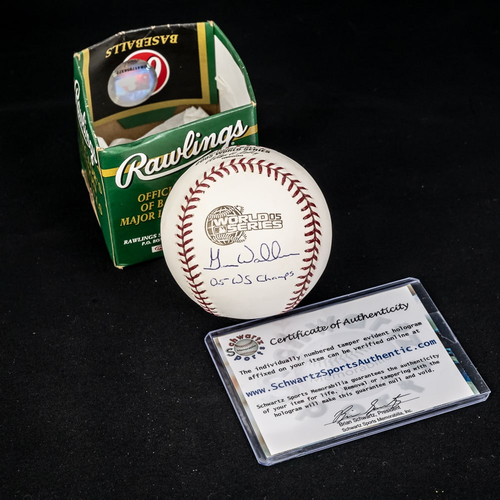 Greg Walker Signed Rawlings 05 WS Baseball w COA: Greg Walker Autographed & Inscribed (05 WS Champs) Rawlings Official 2005 World Series Baseball with Schwartz Sports COA . Presents perfectly featuring handsome ball point ink signature and in excelle
