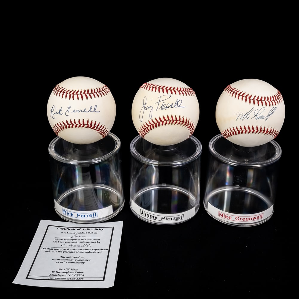 J Piersall R Ferrell M Greenwell Signed Baseballs: Boston Red Sox fan favorite 2 Time All Star and 2 time Gold Glove winner Jimmy Piersall autographed Rawlings Official National League Baseball, 8 time All Star Rick Ferrell autographed Rawlings