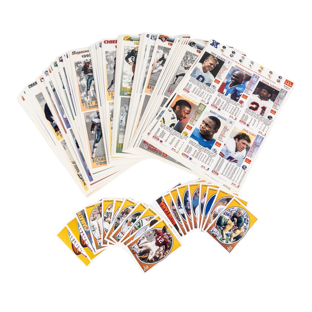 1993 McDonalds Promotional Master NFL Schedule Set: 1993 NFL McDonalds complete MASTER limited edition promotional set comprised of (28) NFL Team Schedules with Sheet A,B & C 1 of uncut sheets. Additional 1991 Upper Deck Football Heros set. Hard to