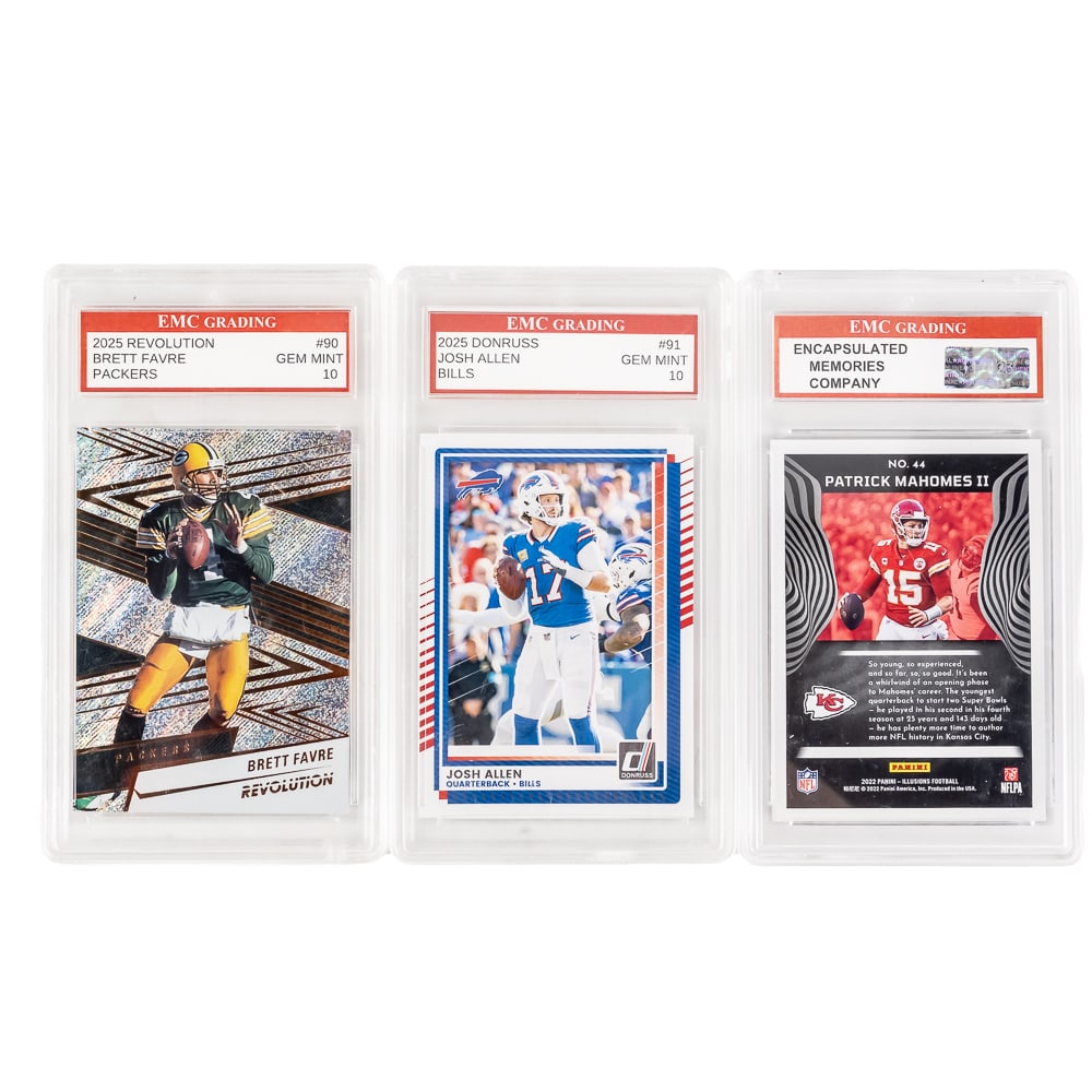 Allen Favre & Mahomes Slabbed NFL Card Assortment: NFL Star Quarterback football card assortment showcasing 2022 Illusions #44 Patrick Mahomes, 2025 Revolution #90 Brett Favre & 2025 Doruss #91 Josh Allen; Each Slabbed & Graded GEM MINT 10 by EMC.