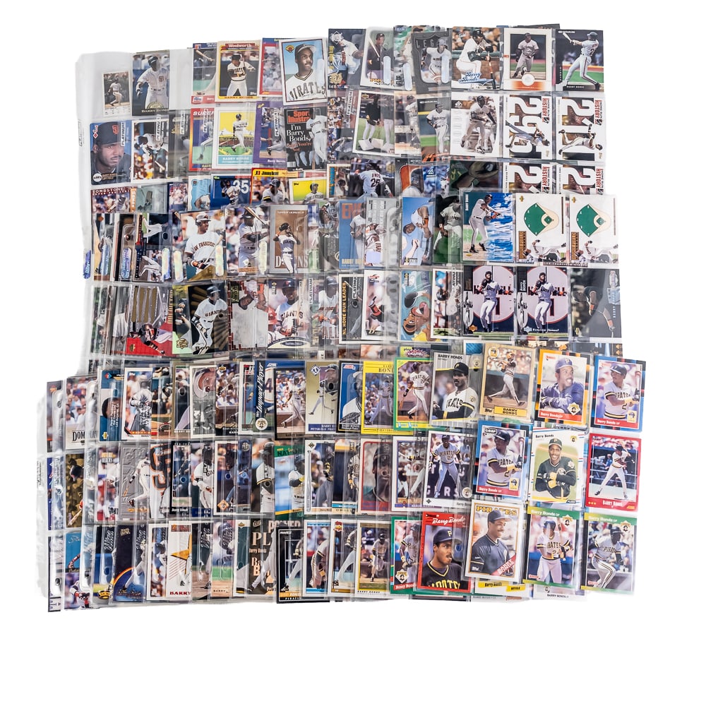(450) Barry Bonds MLB Card Collection 87-00s: Home Run King Barry Bonds MLB Baseball sports card assortment mainly composed of (460 +/-) across 51 single sided binder sheets including some REALLY nice cards many with sharp edges and corners (EX- 