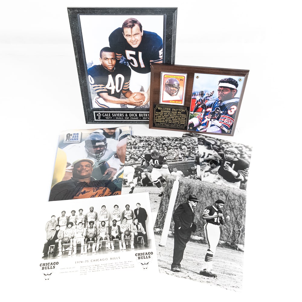 Vintage Chicago Bears Photo & Plaque Assortment: Chicago Bear Assortment showcasing Autographed Bears photo with (7) signatures including Jay Cutler & Matt Forte and others, William Perry autographed Big Ass Fans photo, 13" x 10.5" Sayers & Butkus