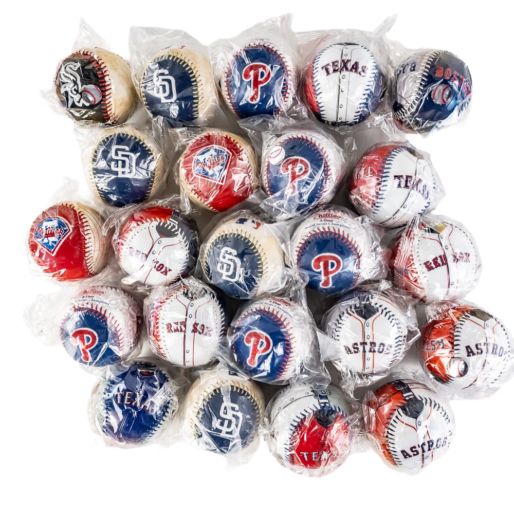 (23) New MLB Limited Edition Fotoball Baseballs: Collection of (23) assorted MLB licensed limited edition Fotoball Championship souvenir collectible baseballs. Excellent overall condition still featured inside original packaging. Great gift ideas