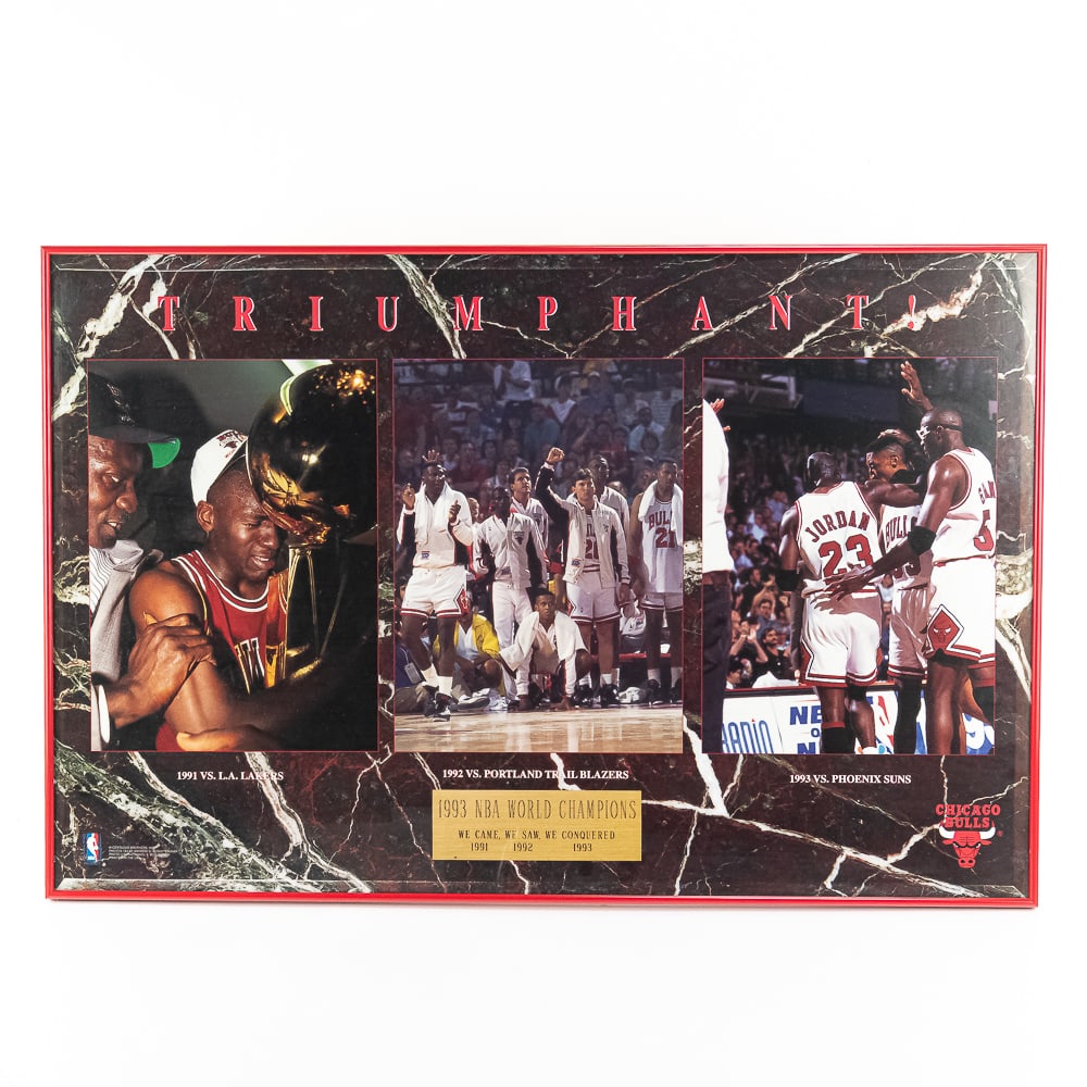 Chicago Bulls TRIUMPHANT 93 Champion Framed Poster: Featuring Chicago Bulls TRIUMPHANT 1991-92-93 NBA Champions framed 23x35 POSTER. Professionally framed and perfectly accented with vivid RED frame. Perfect addition to your home or office. Please use