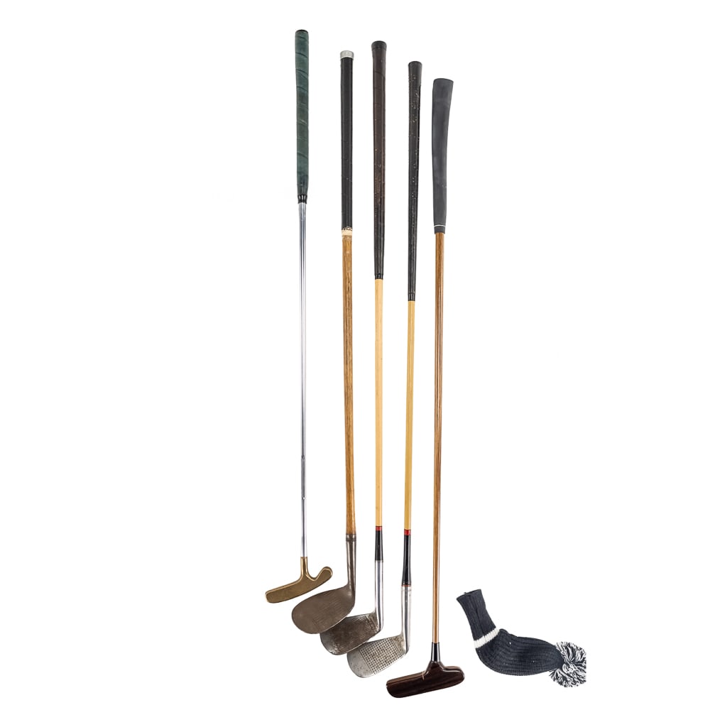 (5) Vintage Golf Club Assortment: Vintage golf club assortment featuring an Acushnet Bullseye brass club head putter along with Niblick "Aim Rite" hand forged ladies right hand 8 Iron; George M. Smith ?Own Model? 5 iron, Spalding Kro-