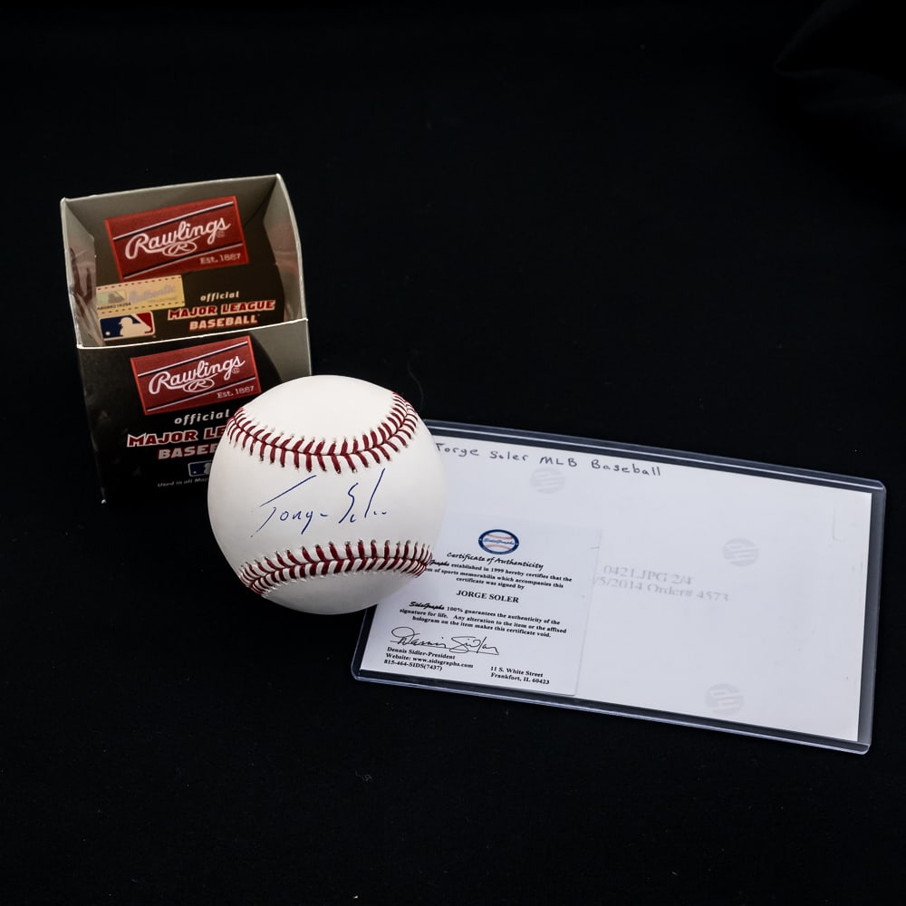 Jorge Soler Autographed Rawlings Baseball w COA: Jorge Soler Autographed Rawlings Official MLB Baseball with Sid's Graphics COA. Presents perfectly featuring handsome sweet spot ball point ink signature and in excellent overall condition with origin
