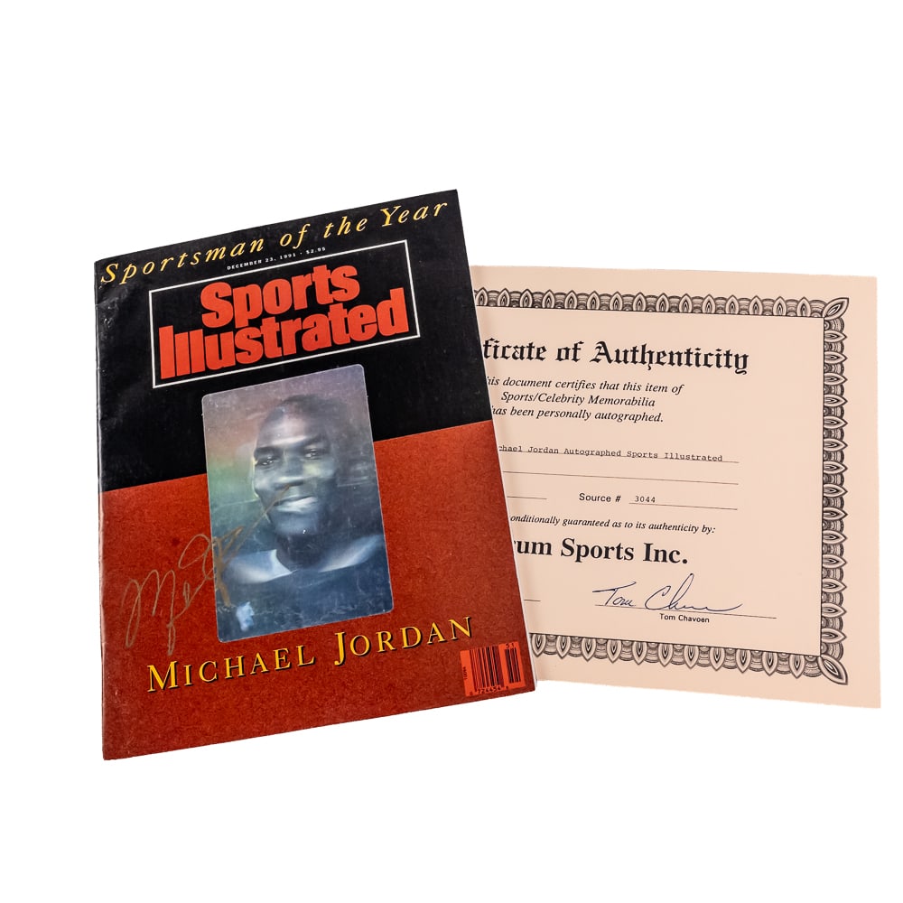Michael Jordan Autographed Sports Illustrated: Michael Jordan autographed December 23, 1991 Sportsman of the Year Sports Illustrated. Attractive bold beautiful GOLD felt tipped signature; with Spectrum Sports COA. Please use photos to judge condit