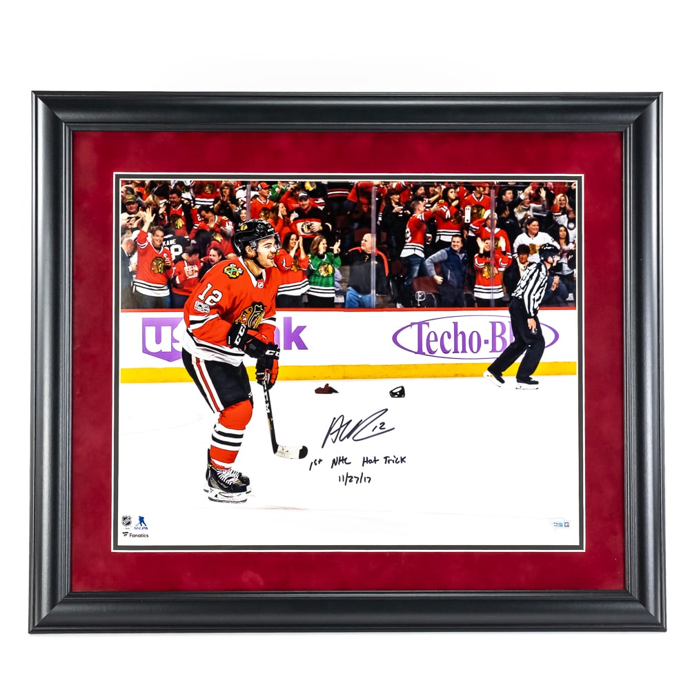 Framed Alex DeBrincat Autographed Photo w COA: Professionally framed & matted NHL All Star Alex Debrincat Autographed display commemorating the Debrincat's 1st NHL Hat Trick on Nov, 27, 2017. Bold Black felt tipped signature with inscription.