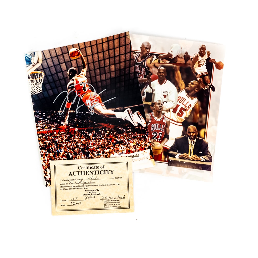 Michael Jordan Autographed 8 X 10 Photo: Vintage Michael Jordan signed 8" x 10" photo with LM Brock COA along with 8" x 10" Michael Jordan "Farewell" collage. Perfect addition to your collection, please use photos to judge condition and bid