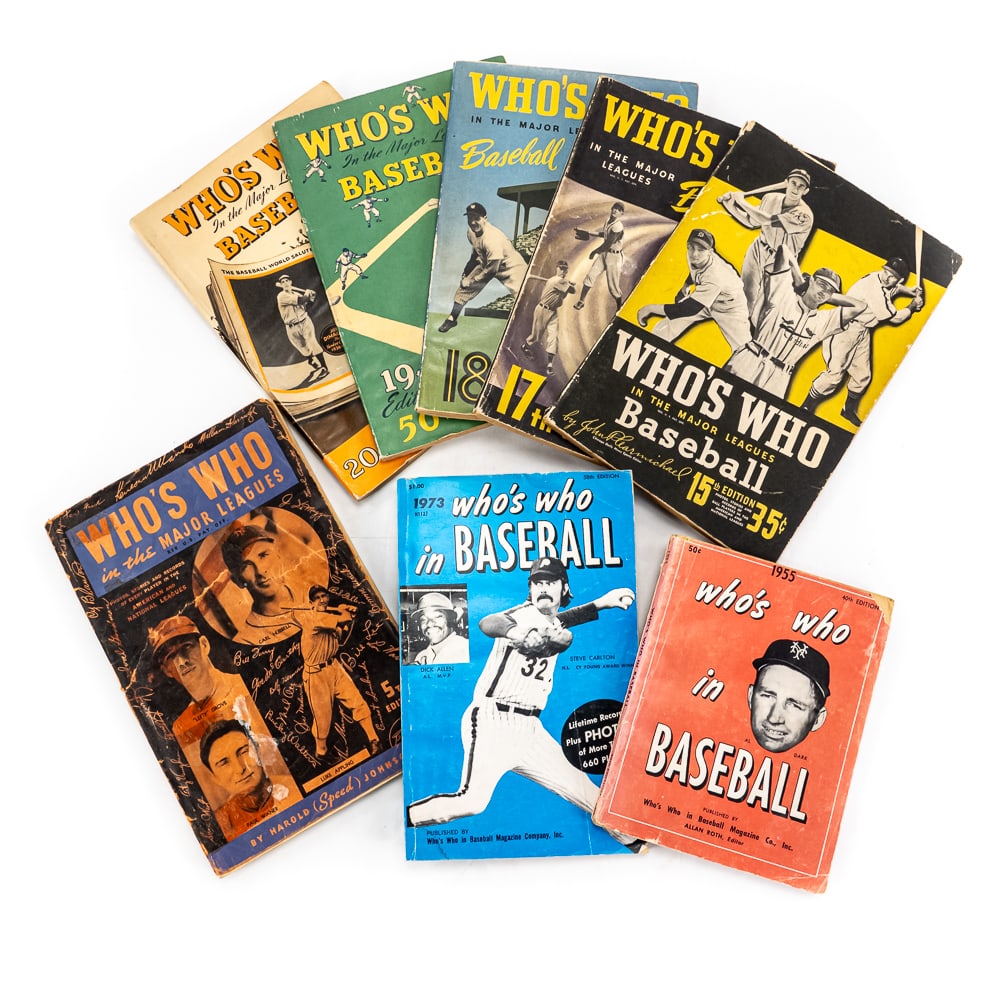 (8) 1937-1973 Who's Who in Major League Baseball: Collection showcases 1937 Who's Who in the Major Leagues 5th Edition, Who's Who in the Major Leagues Baseball 15th edition, Who's Who in the Major Leagues 17th edition, Who's Who in the Major Leagues