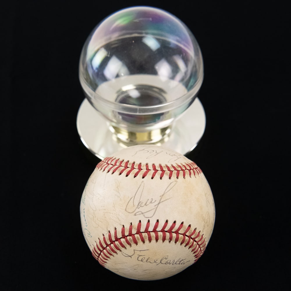 1980 Phillies Team Autographed Baseball: 1980 Philadelphia Phillies Team Autographed baseball featuring sweet spot managerial Dallas Green autograph along with Steve Carlton, Pete Rose Keith Moreland & Ron Reed along with more signatures.