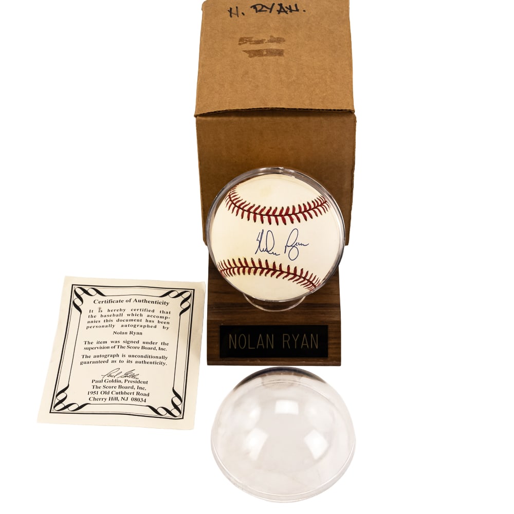 Nolan Ryan Autographed American League Baseball: Hall of Fame inductee, 11 Time Strikeout Leader, 8 Time All Star, 1969 World Series Champion Nolan Ryan autographed Rawlings American League Bobby Brown baseball. Attractive blue ball point ink sweet