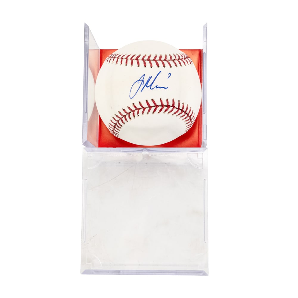 Joe Mauer AUTOGRAPHED Rawlings MLB Baseball: 2009 American League MVP Joe Mauer Autographed Rawlings Official Major League Allan H. Selig Baseball showcasing bold blue ball ink Sweet Spot Signature; perfectly accented with MLB COA hologram
