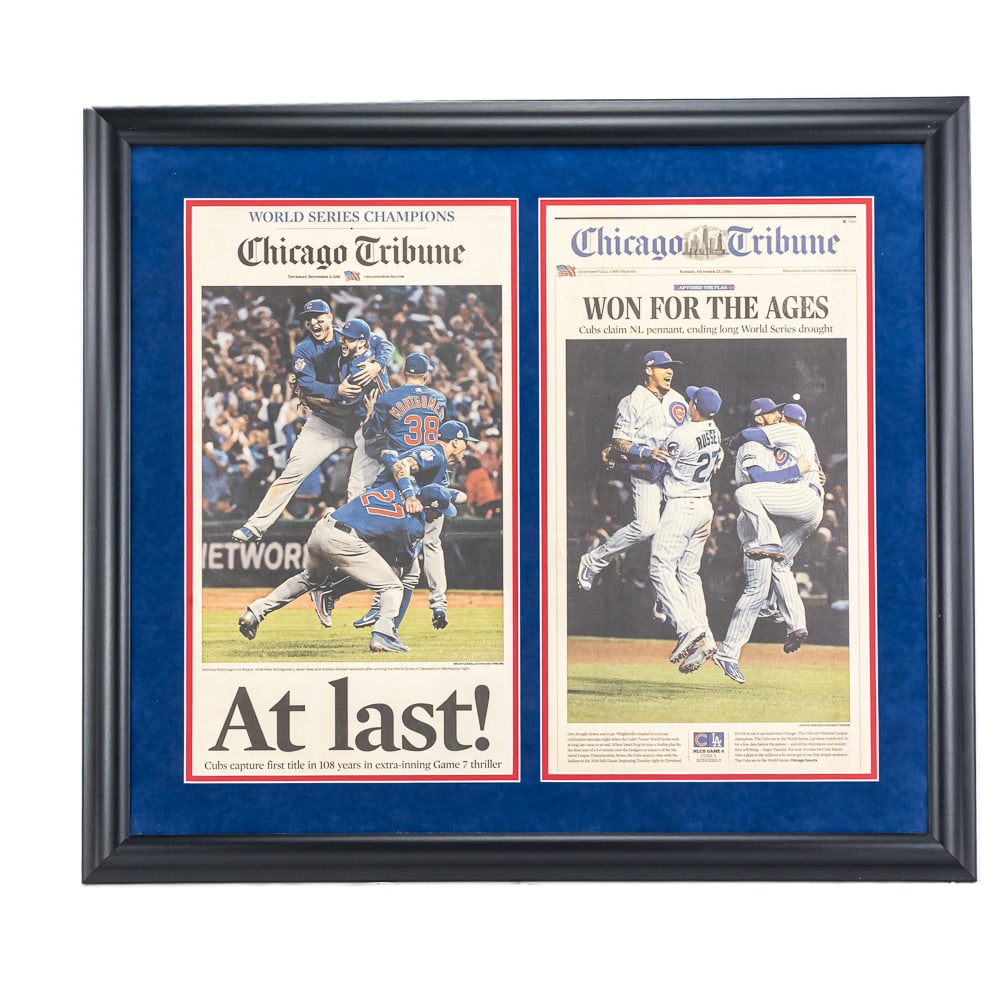 2016 Chicago Cubs NL & WS Chicago Tribunes: Handsome framed and matted set of original Chicago Tribune front pages commemorating the historic 2016 Chicago Cubs championship run. These specific dates capture the two most pivotal moments of the