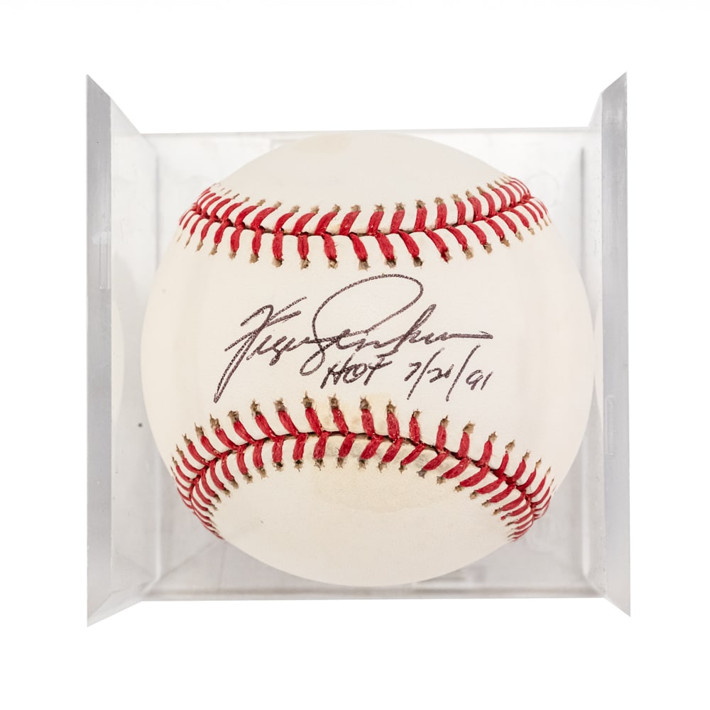 Chicago Cubs Fergie Jenkins Autographed Ball: Fergie Jenkins autographed and inscribed (HOF 7/24/91) Rawlings Official National League baseball featured inside original acrylic case. Handsome sweet spot black ball ink signature. From the Bobby
