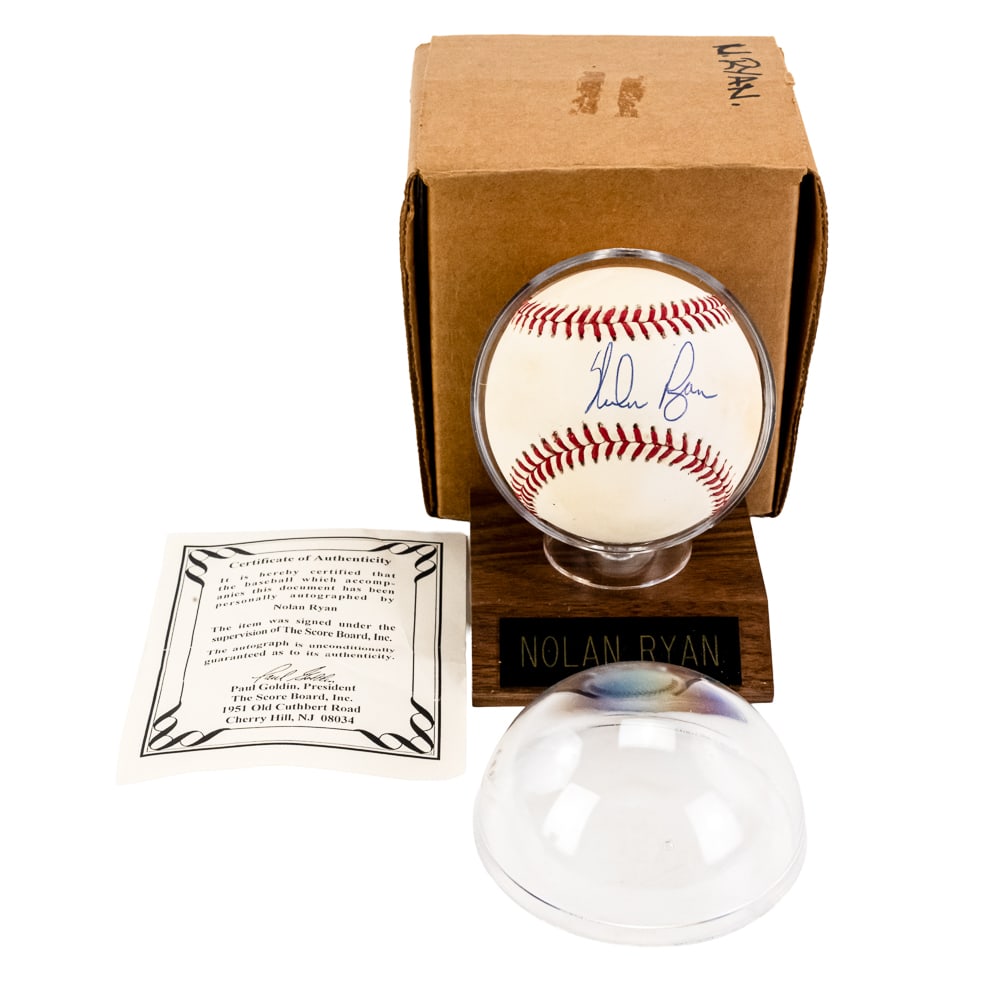 Nolan Ryan Autographed American League Baseball: Hall of Fame inductee, 11 Time Strikeout Leader, 8 Time All Star, 1969 World Series Champion Nolan Ryan autographed Rawlings American League Bobby Brown baseball. Attractive blue ball point ink sweet